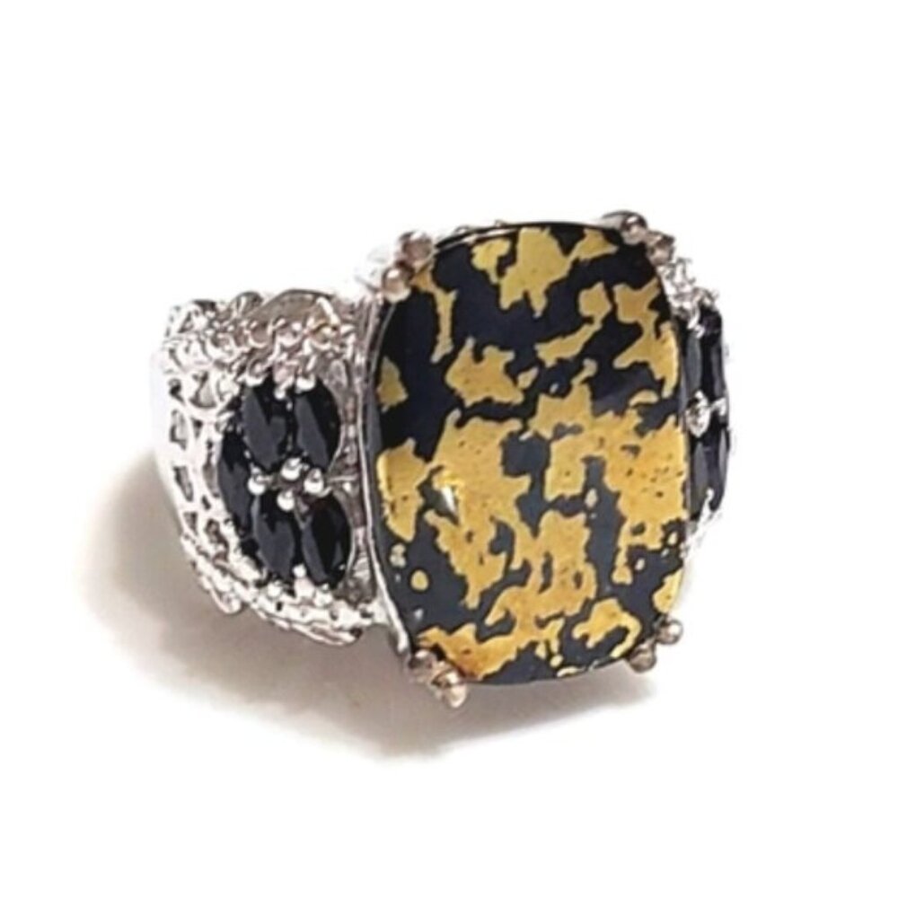 Vintage Sterling Silver 925 Black Goldenite Jade Cocktail Statement Ring